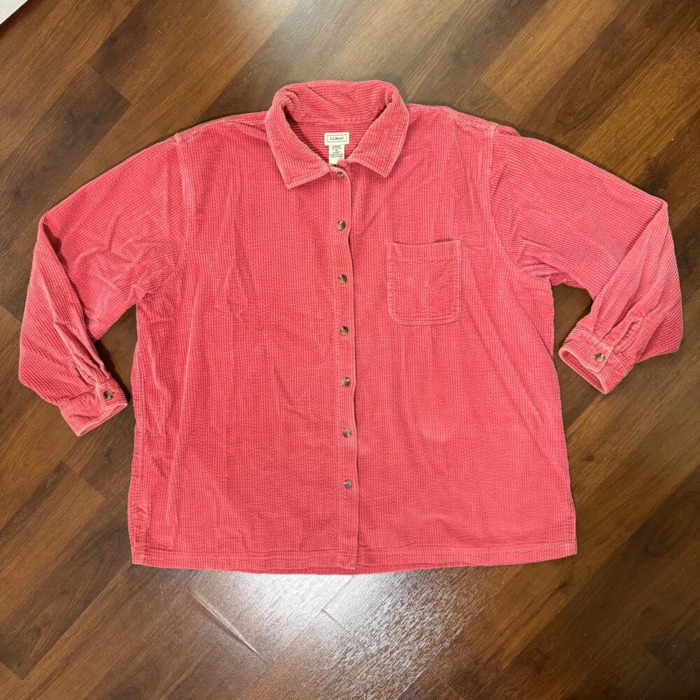 LL Bean Women's Corduroy Button Up Shirt Jacket Red Pink Sz 3X Casual Comfort